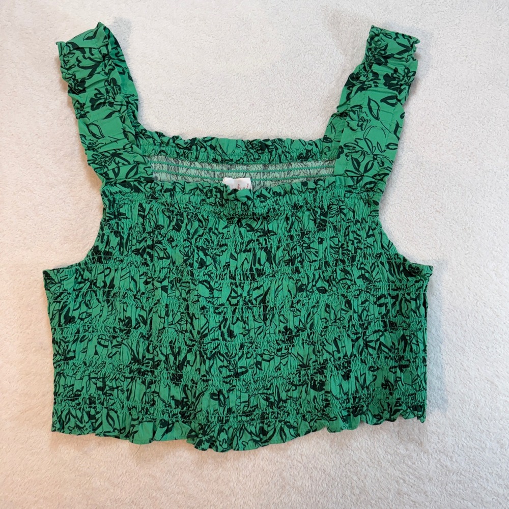 Isabel Maternity Ingrid & Isabel Green Floral Smocked Ruffle Tank Top XL NWT